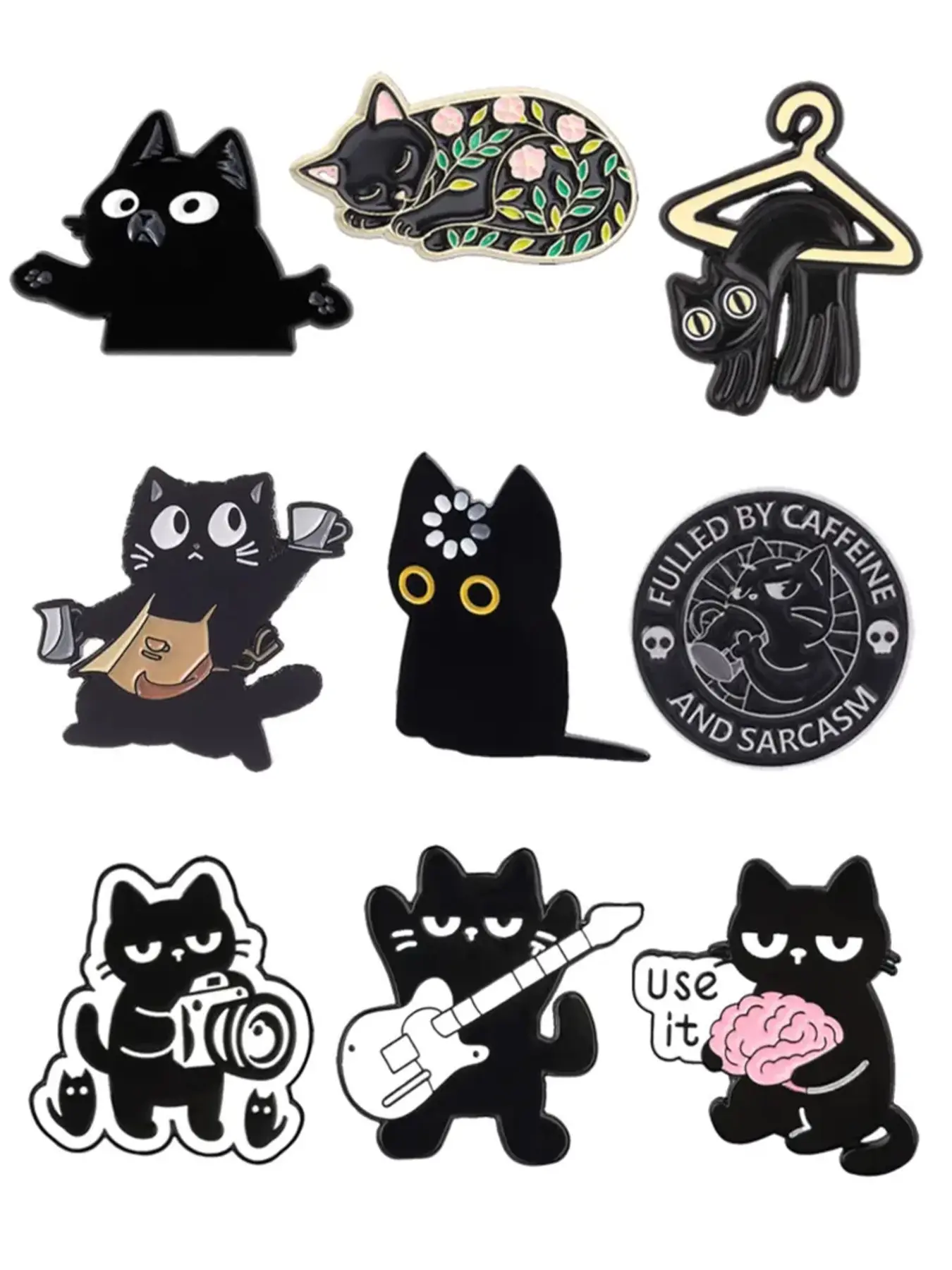 9 Piece Cartoon Cat Enamel Pins, Brooch Pins, Cute Cat Badge, Floral Coffee Guitar Camera Design, Fashion Accessory for clothes and Backpacks, Perfect Gift for Cat Lovers