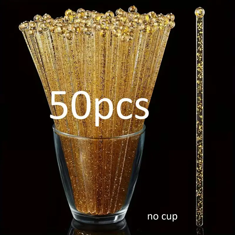 50Pcs Golden Glitter Plastic Coffee Stirrers, Disposable Swizzle Sticks, Crystal Style Drink Mixing Sticks, 7.24 Inch Long for Coffee, Cocktails, Desserts, Party Events and Wedding Decorations