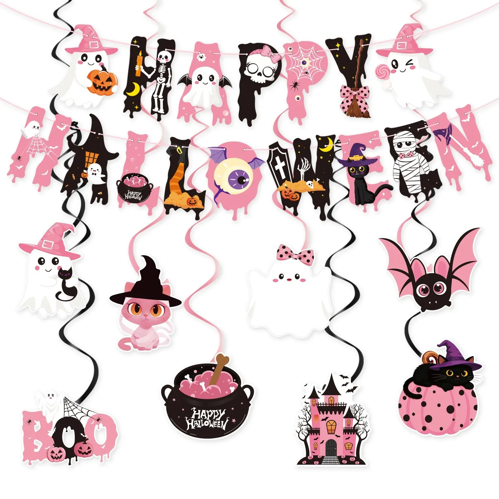 1Set Pastel Pink Halloween Party Kit – Happy Halloween Banner & Ghost Witch Pumpkin Garland, Paper Swirl Ceiling Streamers for Girls Themed Party Supplies