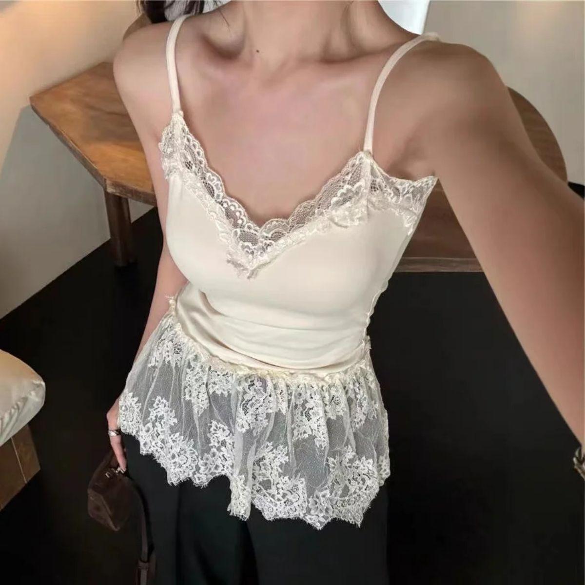 Aria Muse Korean Style Sexy Lace Sleeveless Crop Cami Top Women 2026 Summer Mesh Layer Tank Top Y2K Clothes Ruched Skinny Backless T-shirt