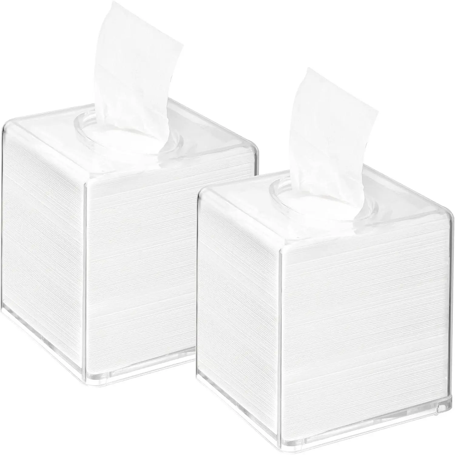 2 Pack Square Tissue Dispenser Box, Clear Facial Acrylic Tissue Box Holder, Cover Napkin Organizer for Dryer Sheets, Bathroom, Desks, Countertop, Vanity, Bedroom Dressers, Kitchen Office Room