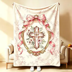 Vintage Golden Frame Cross Pink Bow Floral Fleece Throw Blanket, Coquette Aesthetic Religious Faith Decor Blanket, Soft Warm Plush Couch Bed Cover, Christian Gift For Women Girls