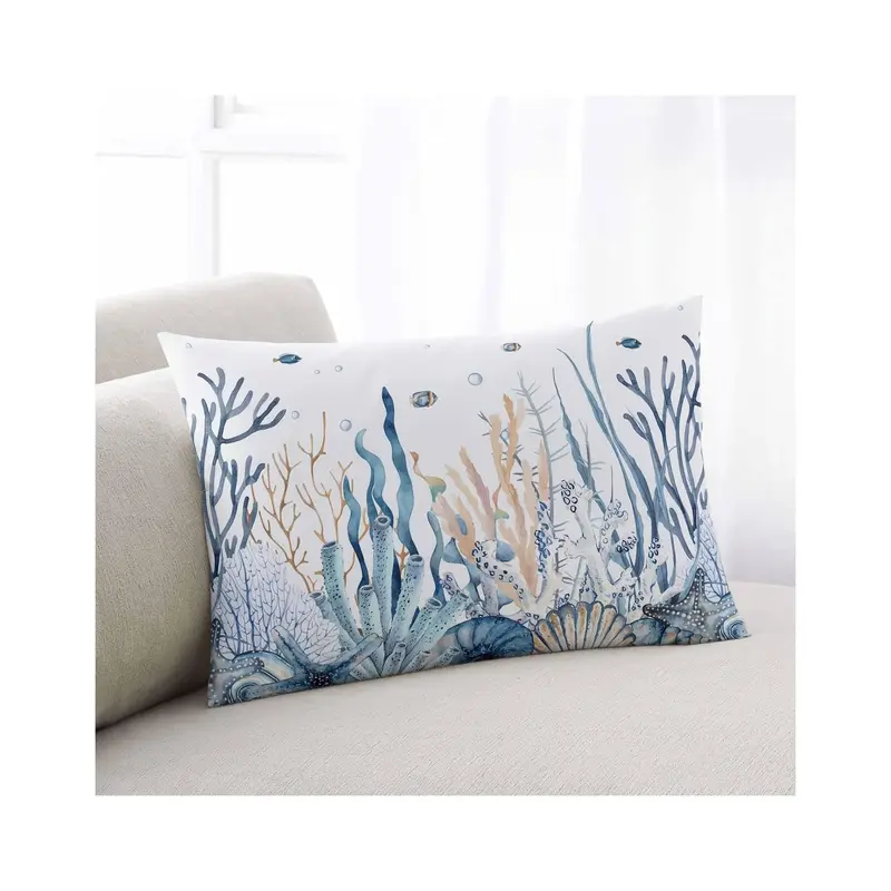 1pc Blue Coral Coastal Throw Pillow Cover,  Rectangular Soft Lumbar Cushion Case, Contemporary Polyester Woven Decorative Pillow Protector with Zipper Closure for Couch, Sofa, Bedroom, Chair Machine Washable, Ocean Theme DecorDouble-sided printing design