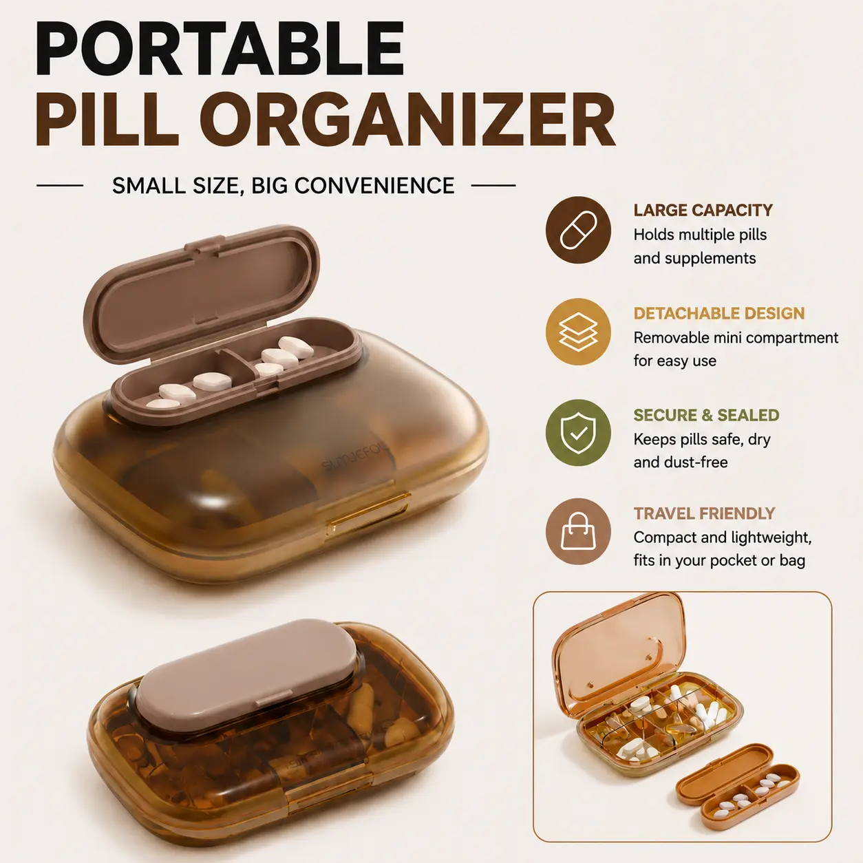 Portable Medicine Box Small Medicine Box for Three Meals a Day, Portable Pill Organizer for Medicines, Pills, and Health Products, Pocket Wallet Travel Pill Dispenser-YY0