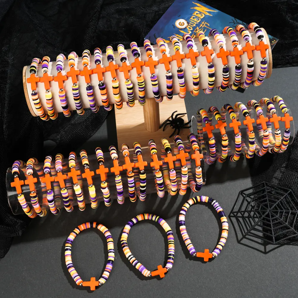 Handmade Polymer Clay Halloween Bracelet Matching Set - 24Pcs Pull-On Stretch Costume Jewelry, Unisex Thanksgiving Fall Gift for Party & Daily Casual Wear, Matching Sets
