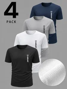 4-Pack Short Sleeve T-Shirts, Gym Training, Outdoor Hiking, Casual Commute, Ariat Letter Pattern, Soft Breathable Fabric, Unisex