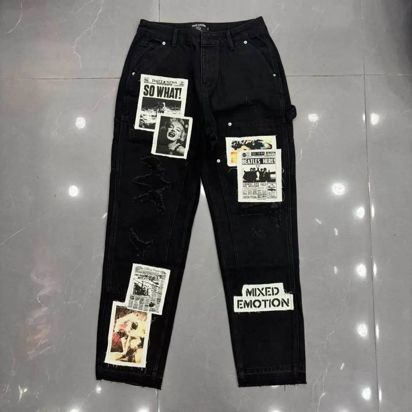 Mixed Emotion Newspaper Patchwork Jeans, Black Washed Distressed Carpenter Jeans for Men Women, Y2K Streetwear Vintage Rock Poster Patch Pants, Cozy 2D Print Goth Grunge Hip Hop Denim