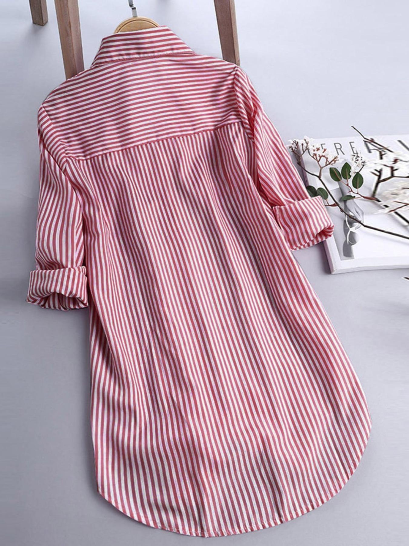 Plus Size Women's Striped Button Shirt, Loose Long Sleeve Casual Top, All Seasons Wear, Perfect for Office & Daily Use