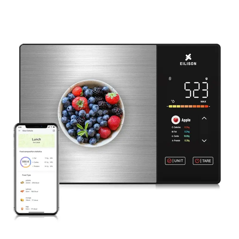 Smart Digital Kitchen Food Scale with Nutritional Calculator, HD TFT Color Display, Bluetooth APP for 999+ Foods, Calorie & 24 Nutrients Tracking, 5000g Capacity, Batteries Not Included