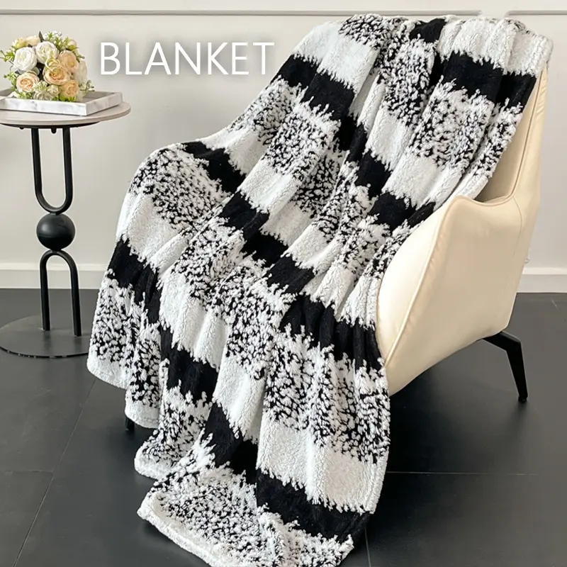 Trendy Vertical Striped Jacquard Home Blanket for Couch, Soft & Plush Air Conditioning Throw, Thick Warm Washable Bed Throw, Decorative Textile Suitable for Chilly Indoor Days and Office Rest