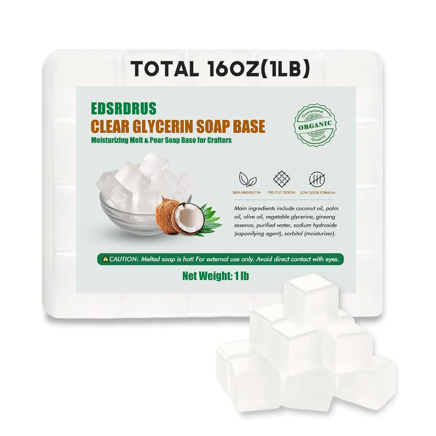 1LB Unscented Transparent Glycerin Soap Base for DIY Handmade Soap, Moisturizing Melt and Pour Crafting Soap with Vegetable Glycerin & Coconut Oil, Easy to Cut