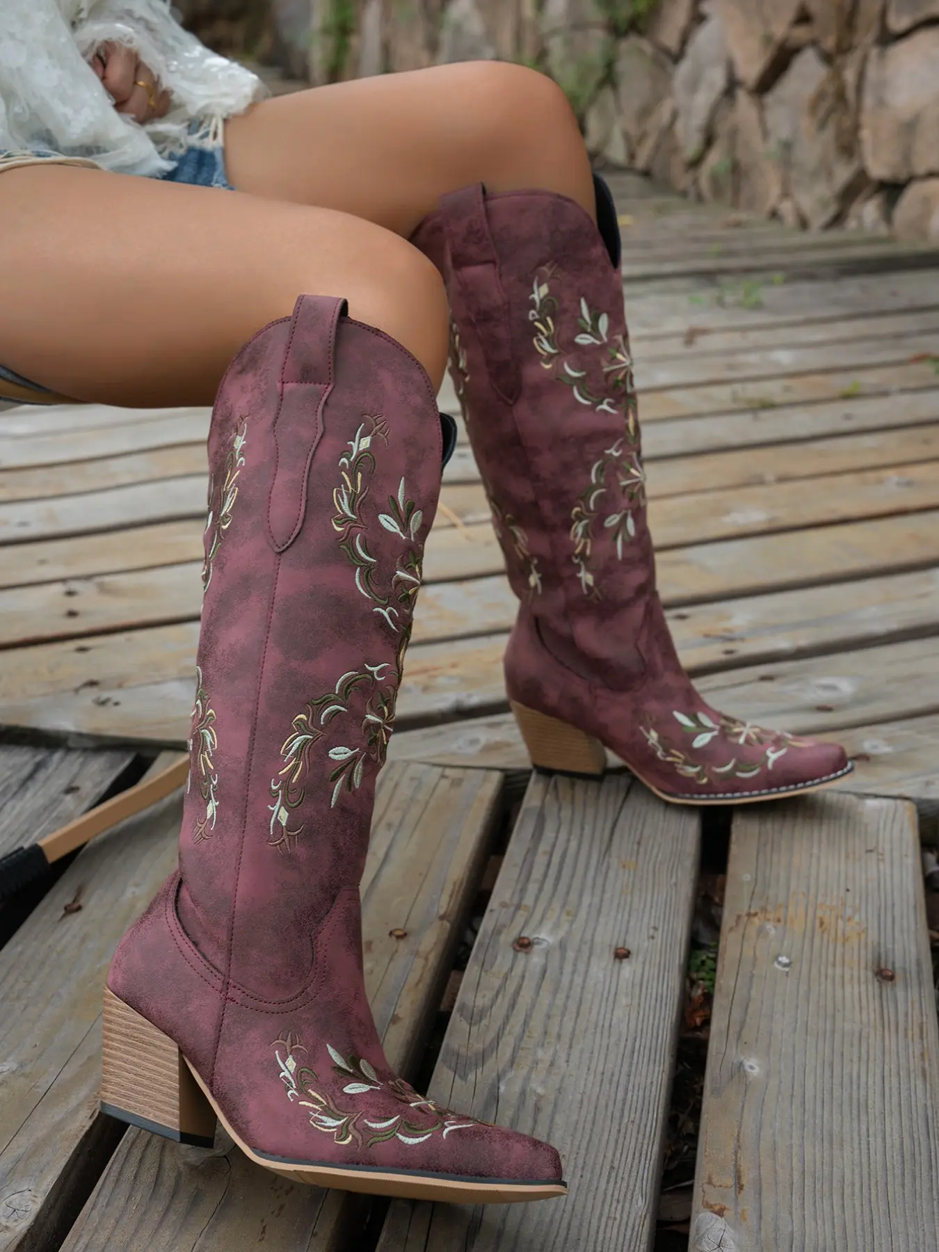 Vintage Washed Wine Floral Embroidered Knee-High Western Cowboy Boots, Pointed Toe Wooden Texture Heel, V-Shape Boot Opening with Pull Loop, Women's Country Music Festival Western Style Vacation Long Boots