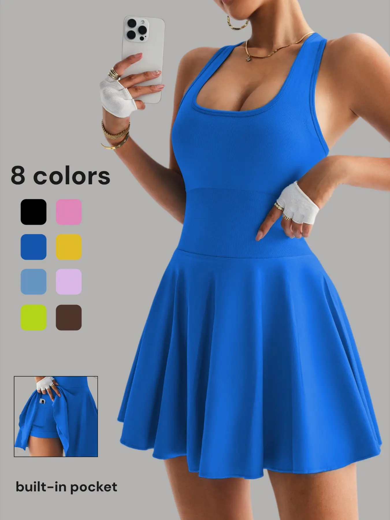 Women's Seamless Tennis Yoga Dress, High End Fabric with Built In Safety Shorts, U-Neck Sleeveless Waist Cinch, Golf Fitness Workout Dress