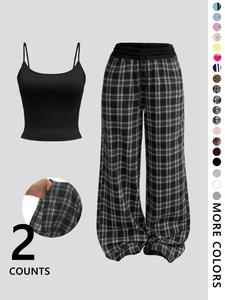 two-piece set women's plain crop tank top & all over plaid print pants, casual fashion cozy for daily outdoor wear, ladies clothes for all seasons, suits, womenswear, casual outfits women, vacation sets, matching clothing set, summer outfits set