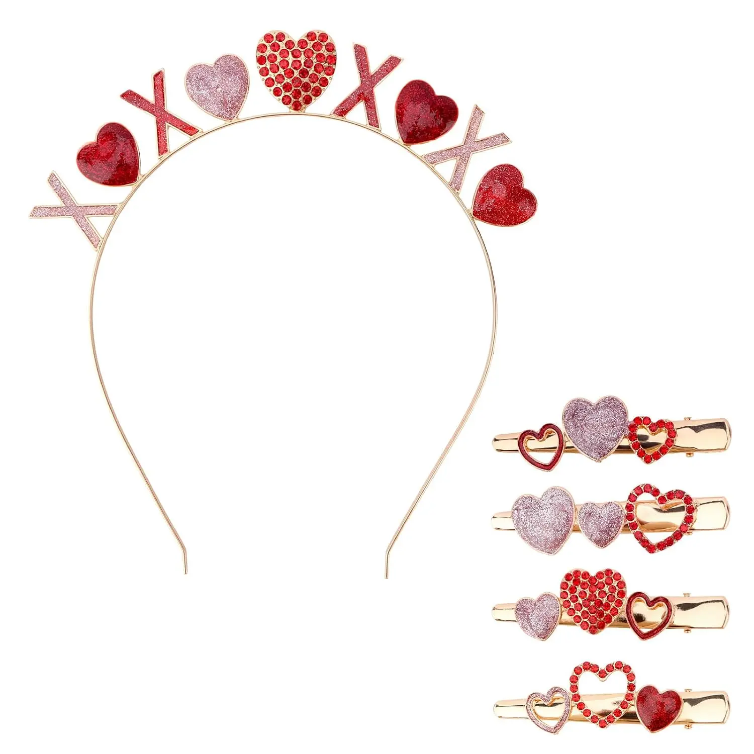 Valentine’s Day Headbands & 4 count Heart Shaped Hair Clips Set For Women Girls Red  Heart Hairband Rhinestone Glitter Hair Clips XO  Metal Hair Accessories Party Supplies Gifts