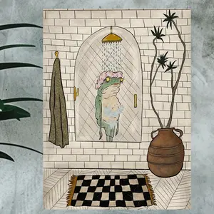 Charming Frog Bath Canvas Art Print - Frameless Vintage Wall Decor, Dopamine Decor, Modern Home Decoration, Artwork, Suitable for Living Room, Bedroom, and Home Office, Bathroom Decor, Poster, Bathroom Canvas Poster, Perfect Room Decoration