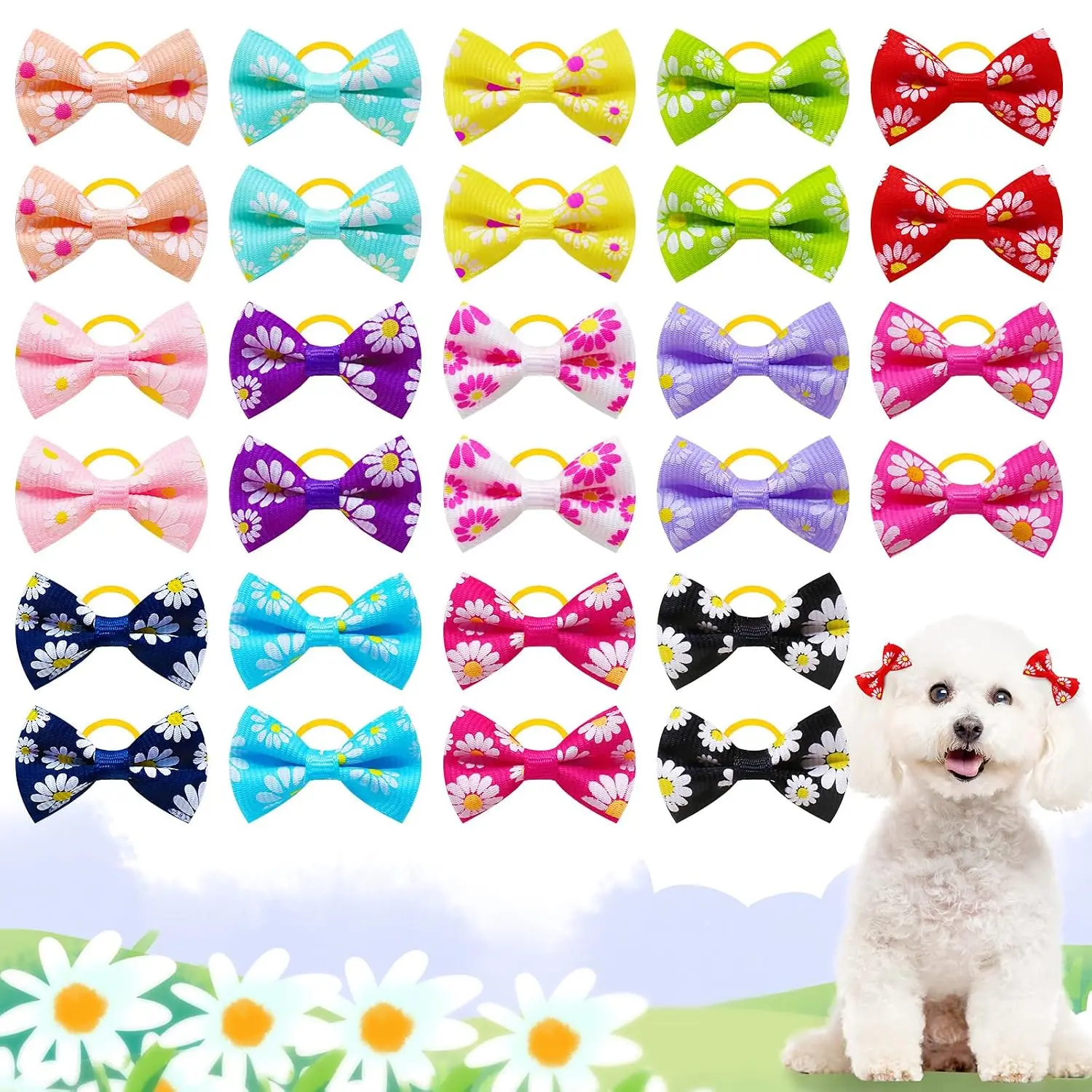20 count/10 Pairs Daisy Yorkie  Puppy Hair Bows with Rubber Bands Hair Accessories Bow   Cute  Small Hair Bowknot (Daisy)