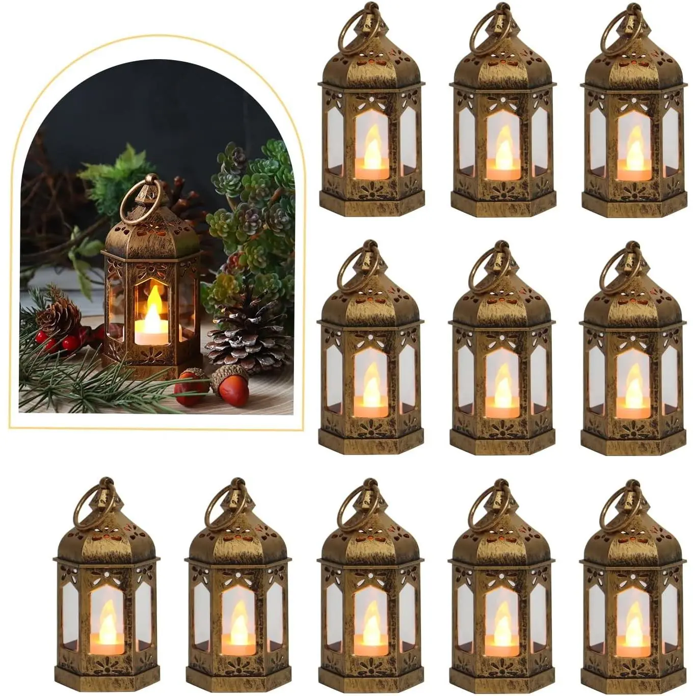 8Pcs Mini Vintage Brown Hanging Lanterns with LED Tealight, Decorative Candle Lanterns for Halloween Christmas Wedding Table Centerpiece Indian Decor Garden Fairy Party Decorations