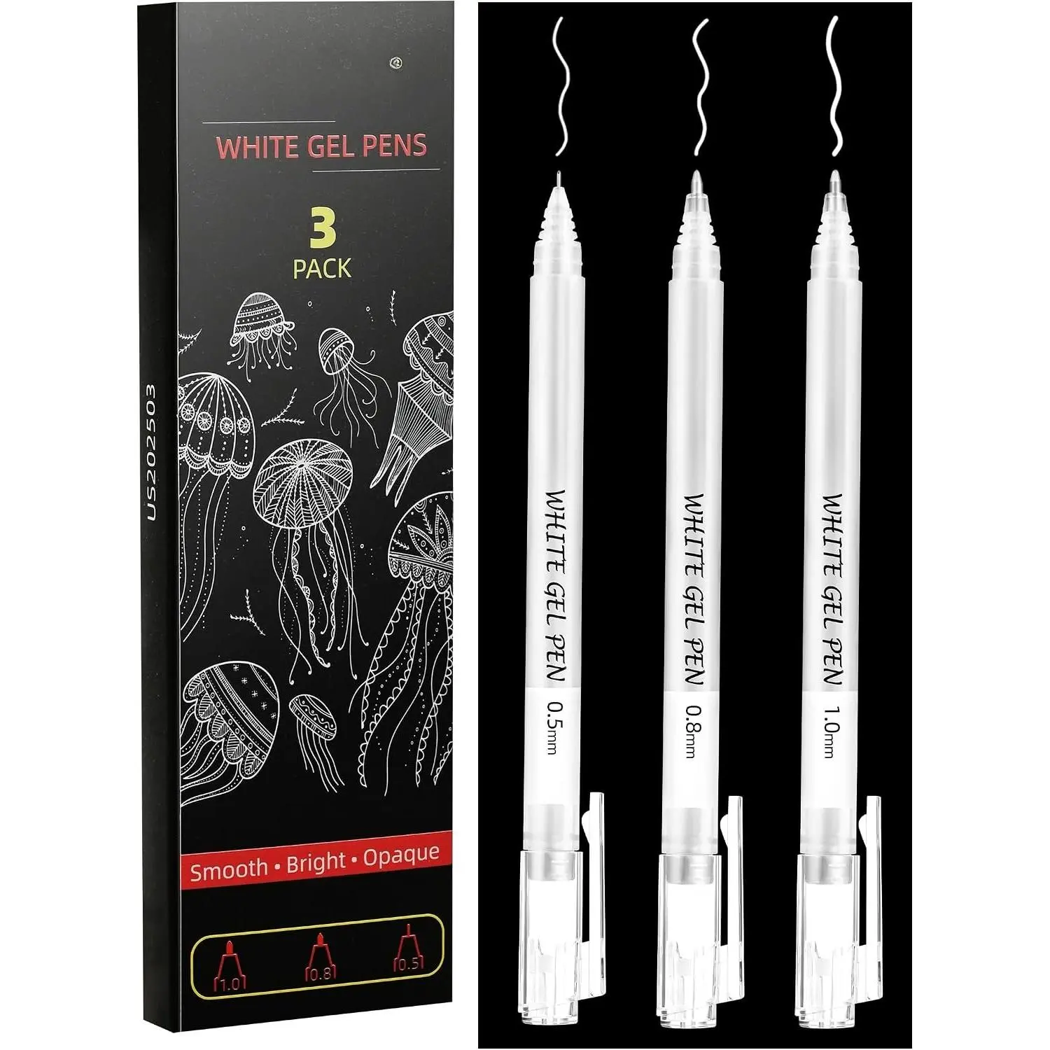 3 Pack White Gel Pens for Black Paper, Drawing, Highlighting, Journaling & Crafting – 1.0mm, 0.8mm, 0.5mm Fine Tip White Ink Pens, Smooth Flow, ,