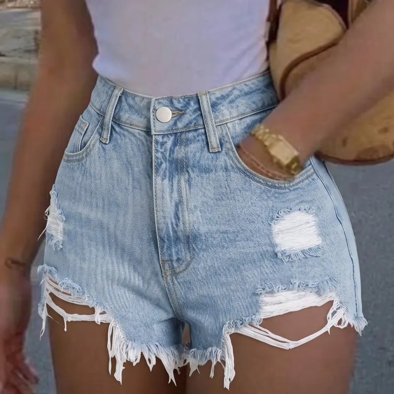 Women's Light Wash High Waist Denim Cutoff Shorts, Button Front Shorts, 4-Way Stretch Comfort, Casual Summer Shorts for Beach, BBQ, Brunch, Lakeside Weekend