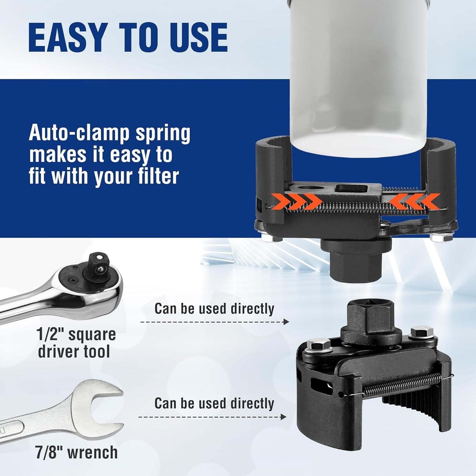 Universal Self Adjusting Oil Filter Removal Tool Heavy Duty Anti Slip Jaw Fits 60mm 80mm Spin On Filters with 12 Inch Drive for Easy Car Truck Oil Change