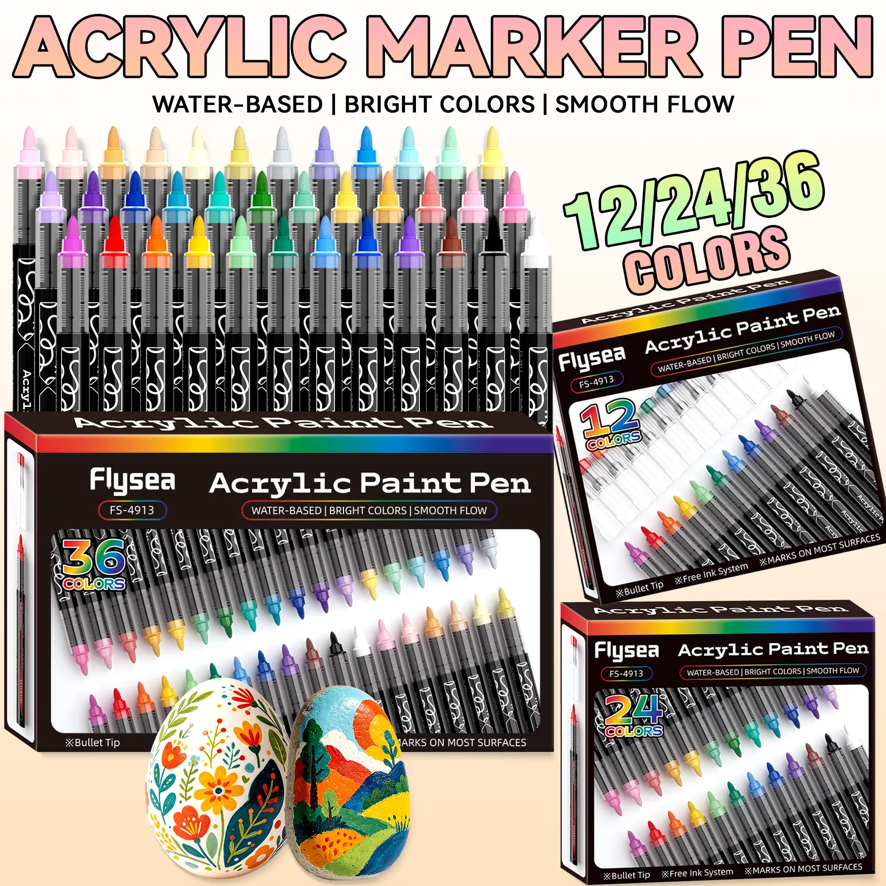 Flysea Acrylic Marker Pens Set, 12-36 Colors, Non-Transparent, Ideal for Rock, Glass, Ceramic, Metal, Wood, Perfect Gift for Students and Office Use