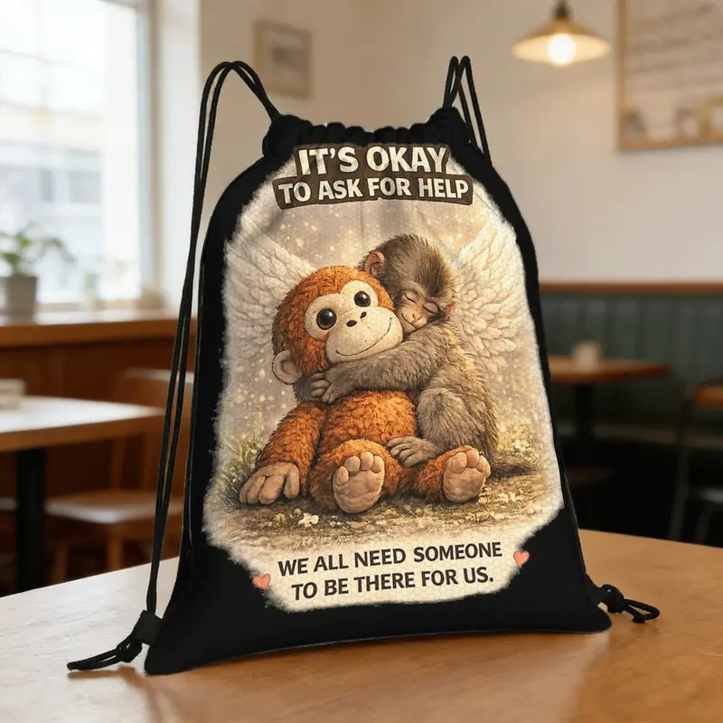 Punch Monkey Hug - Mental Health Comfort Cute Macaque Plush Toy Illustration Drawstring Bag |   Lightweight Sports, Fitness, Outdoor Travel, Training Bags, Suitable for Daily Leisure Commuting And Gym Use, Gift