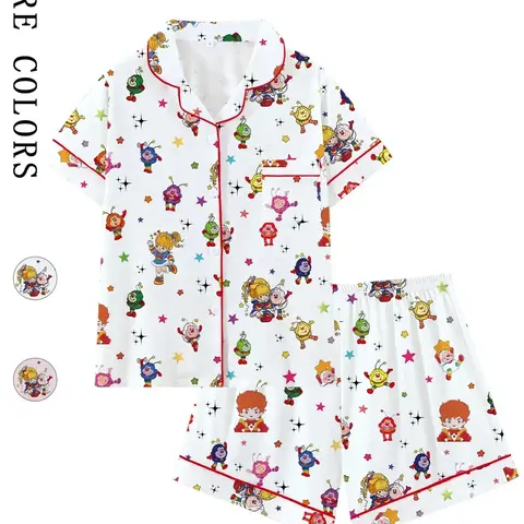 Rainbow Girl Cartoon Retro Cute Collared Short Sleeve Pajama Set, Cartoon Pattern Pajamas, Comfortable Sleepwear for Home and Outdoors, Summer Pjs, Pajama Outfit, Perfect Gift