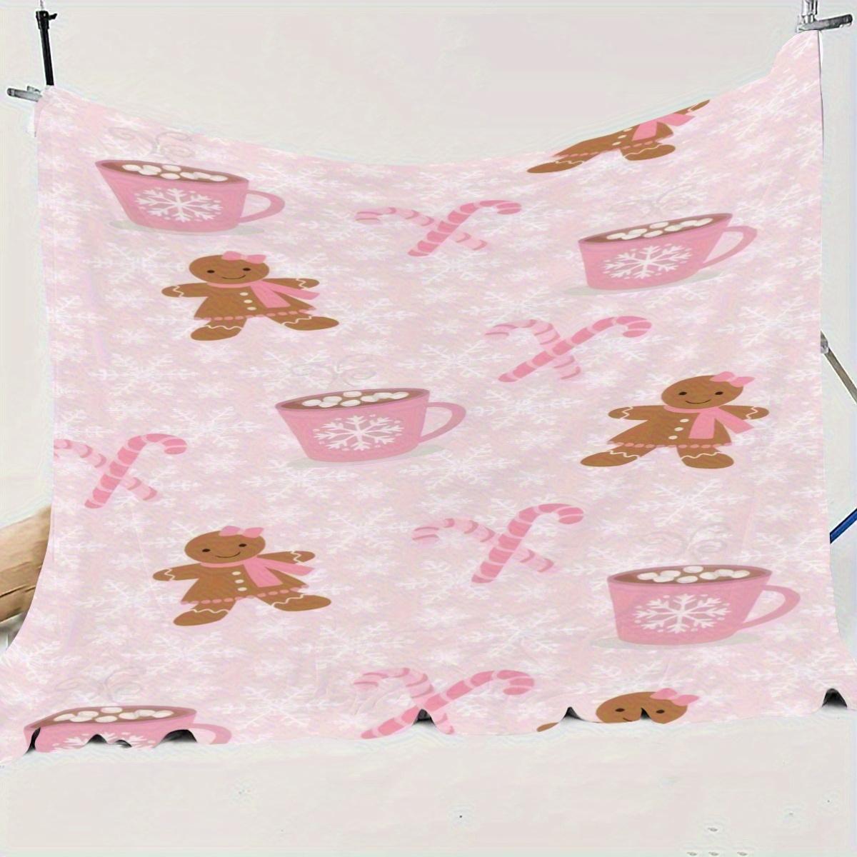Cozy Pink Gingerbread & Candy Cane Blanket Soft Cozy Leisure Warm Bed Blanket for Couch & Bedroom, Flannel & Fleece Throw Blankets, Cute, Colorful, Festive, Ideal Gift for Kids & Holiday Lovers, Birthday, Christmas