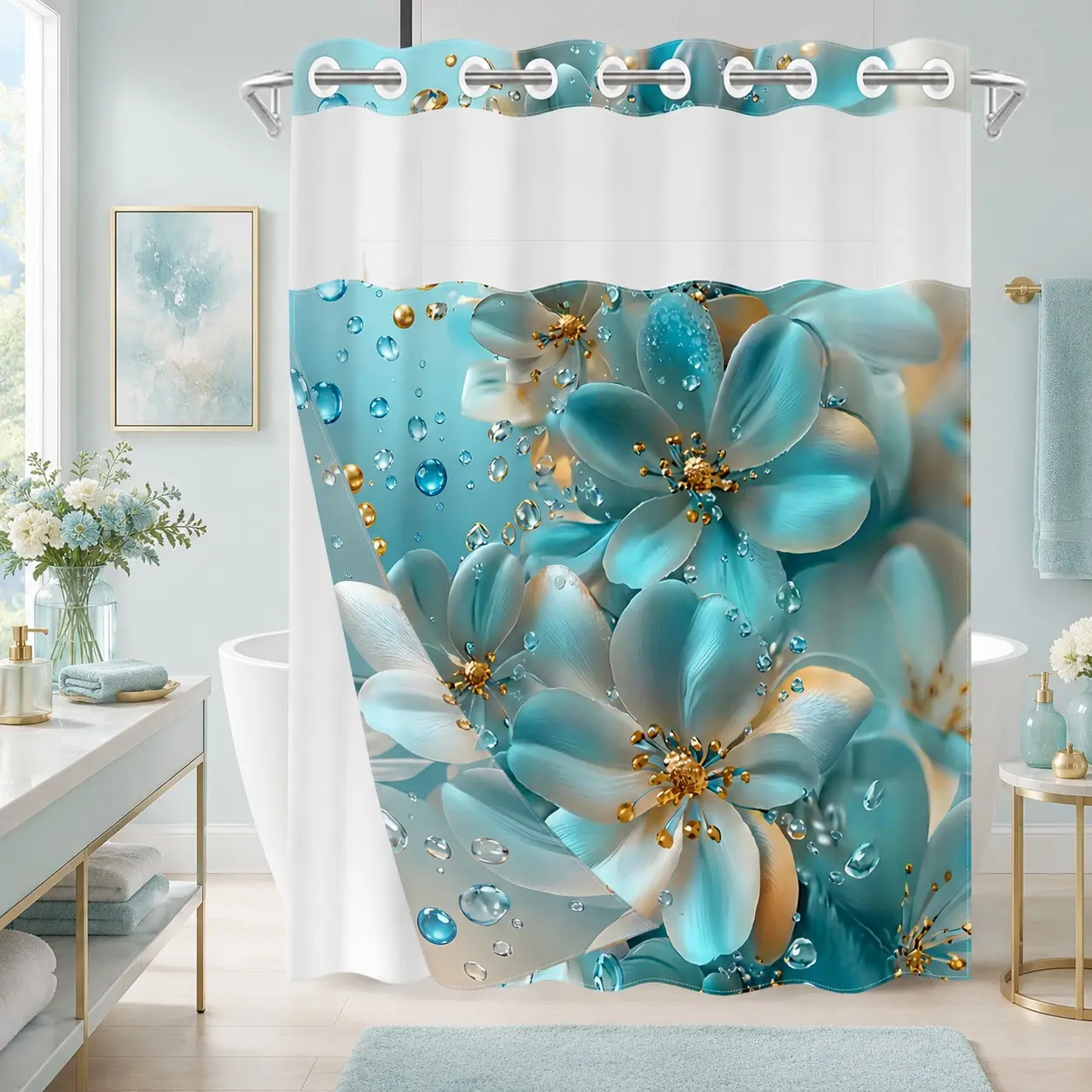 1Pc Hookless Double Layer Decorative Shower Curtain, Aqua Blue 3D Floral Waterdrop Print, Elegant Luxury Bathroom Decor, Water Repellent Washable Fabric, Removable Snap-in Liner, Top See-Through Window, For Apartment, Hotel, Guest Bath, RV