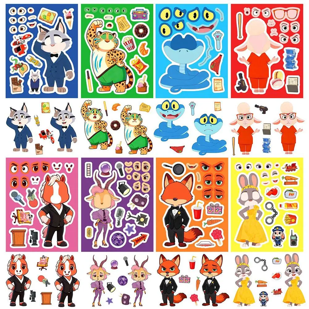 8/16sheets Q Version Zootopia Puzzle Stickers Make Your Own DIY Game Cute Cartoon Nick Make a Face Assemble Jigsaw Toy for Gifts