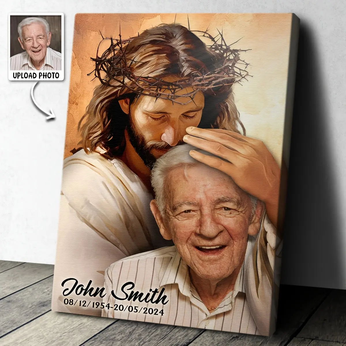 2D Flat Personalized Photo or Name Upload Religious Couple Canvas Wall Art - Christ-Themed Picture with Your Own Photo & Text for Decor, Wedding Gift, Anniversary, Beloved Elderly - Custom 2D Flat Canvas