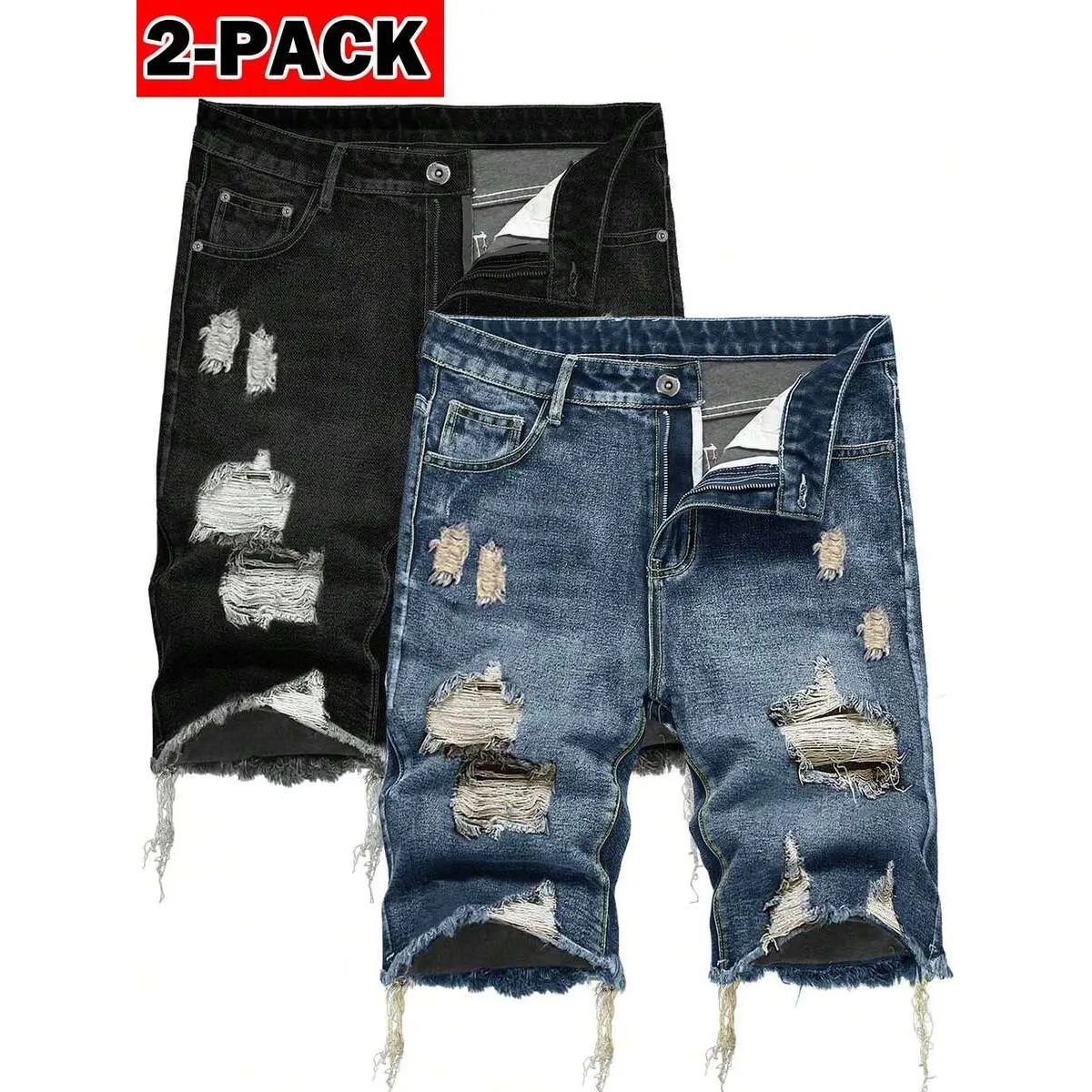 Men's 2-Pack Denim Shorts Jeans - Ripped Design, Tassel Detail, Loose Fit, Comfortable Fabric, Casual Streetwear