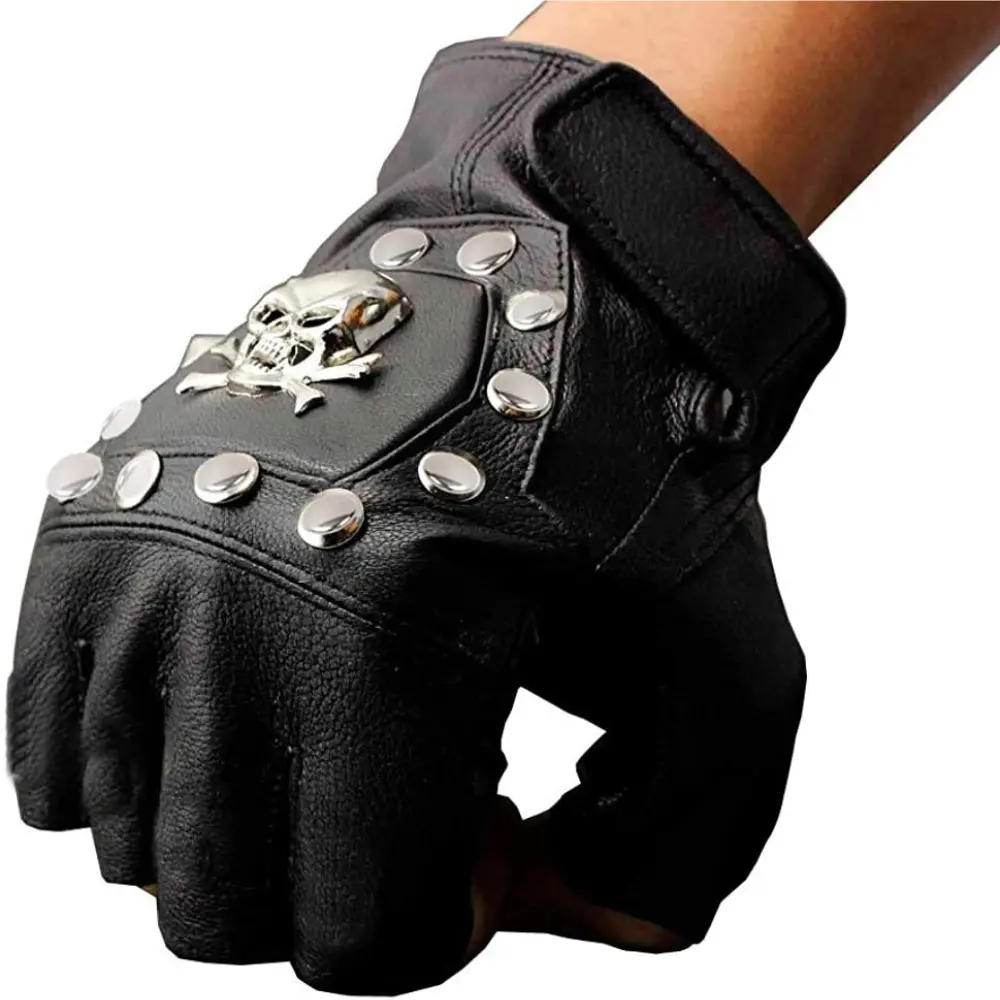 Genuine Leather Skull Gloves Men Gothic Steampunk Biker Vintage Fingerless