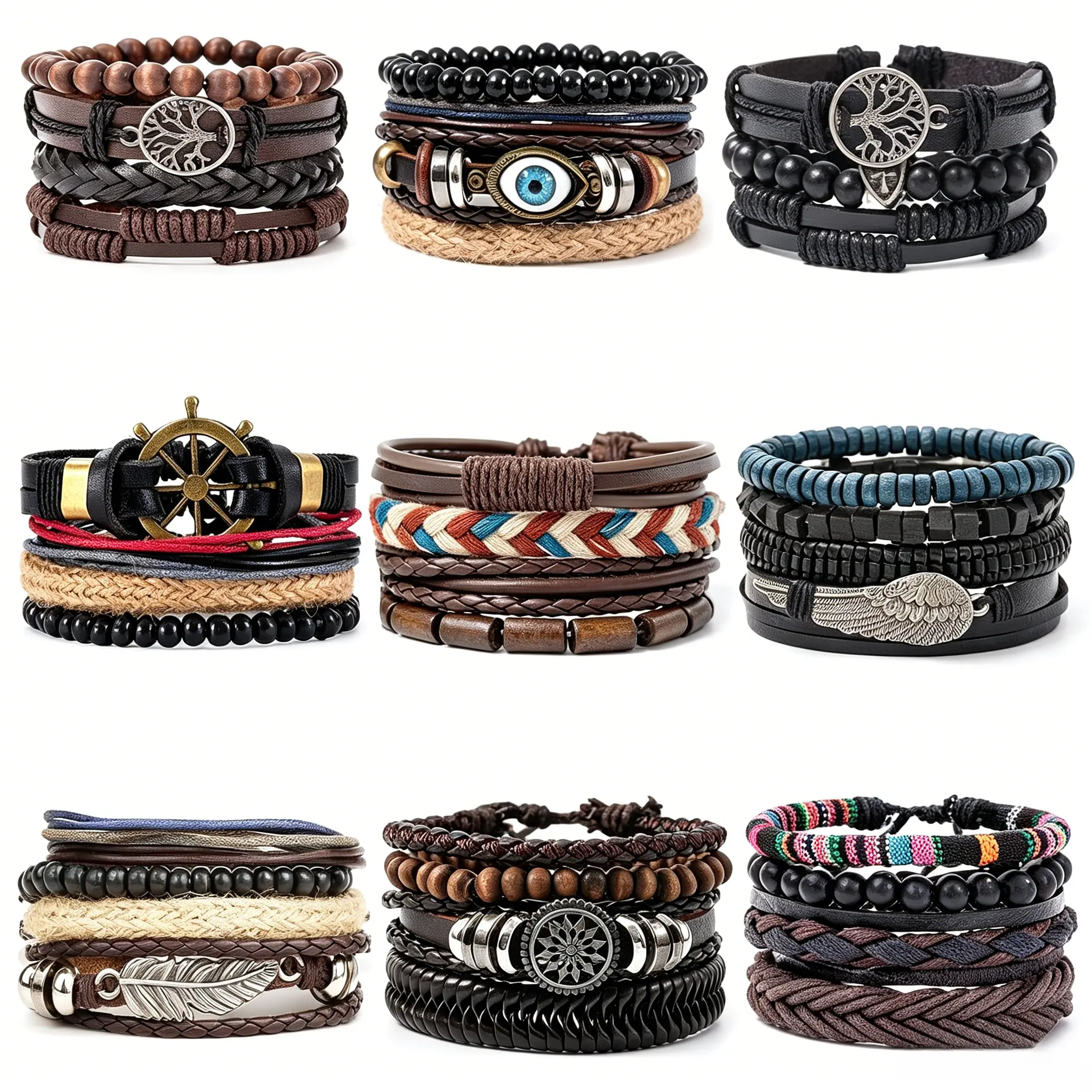 35PCS Men's Braided Leather Bracelets Set - Handmade Bohemian Wrap Wristbands with Wood Beads, Hemp Cords, Adjustable Tribal Cuffs, Bra, Elastic Rope, Cubic Zirconia, 7-8.5in Unisex Arm Candy Accessories (Choking Hazard Small Parts - Gift for Fathers)