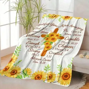 Sunflower Wooden Cross Bible Positive Words Inspirational Religious Flannel Blanket, Scripture Faith Encouragement Throw Blanket, Soft Plush Warm Blanket for Couch Bedroom, Cozy Comfy Nap Blanket, Perfect Giftable Decorative Blanket for Christian Believer
