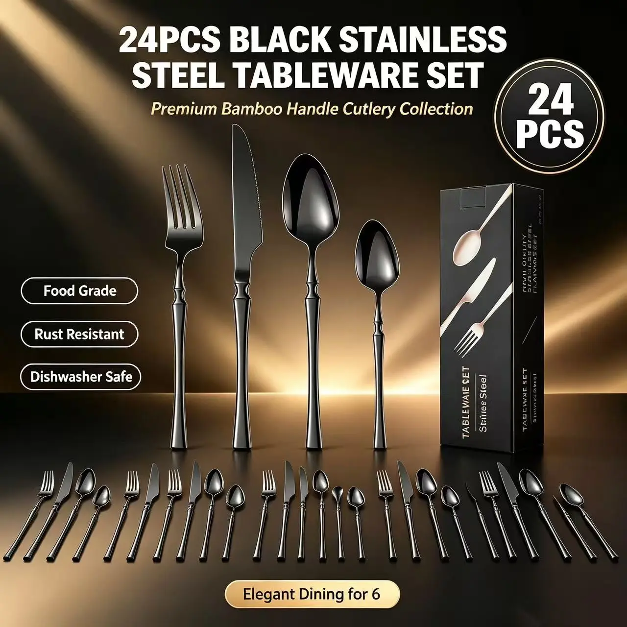 Multicolor High-End Western Dining Cutlery Set, 6-Person 24-Piece Steak Knife Fork Spoon Gift Box, Elegant Tableware Collection