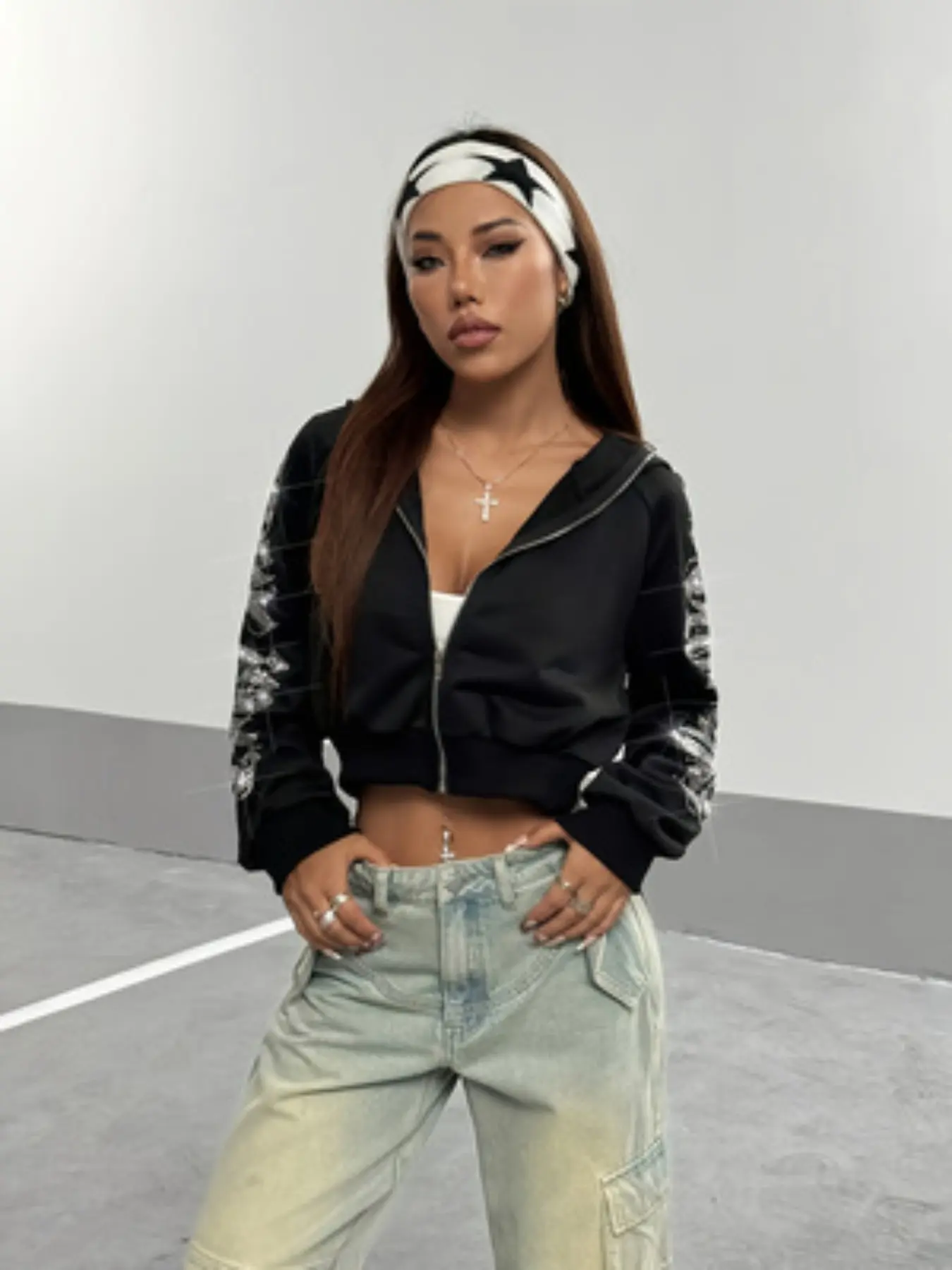 Women's Y2K Rhinestone Letter Zip Up Hoodie, Cropped Long Sleeve Hooded Jacket, Streetwear Fall Winter Casual Short Outerwear