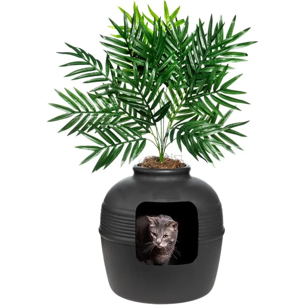 Hidden Litter Box Planter, Decorative Cat Litter Enclosure with Carbon Filter and Artificial Plant, Easy Clean, Indoor Original Round Style Base Kit, Black Suede