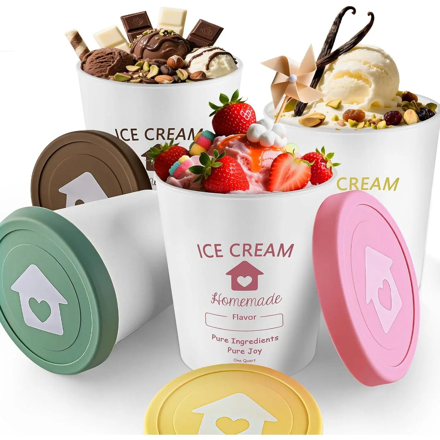 Ice Cream Containers with Silicone Lids for Homemade Ice Cream, 4 Pack 1 Quart Each Reusable Sorbet Frozen Yogurt Storage Containers Set BPA Free Stackable Leakproof Dishwasher Freezer Safe