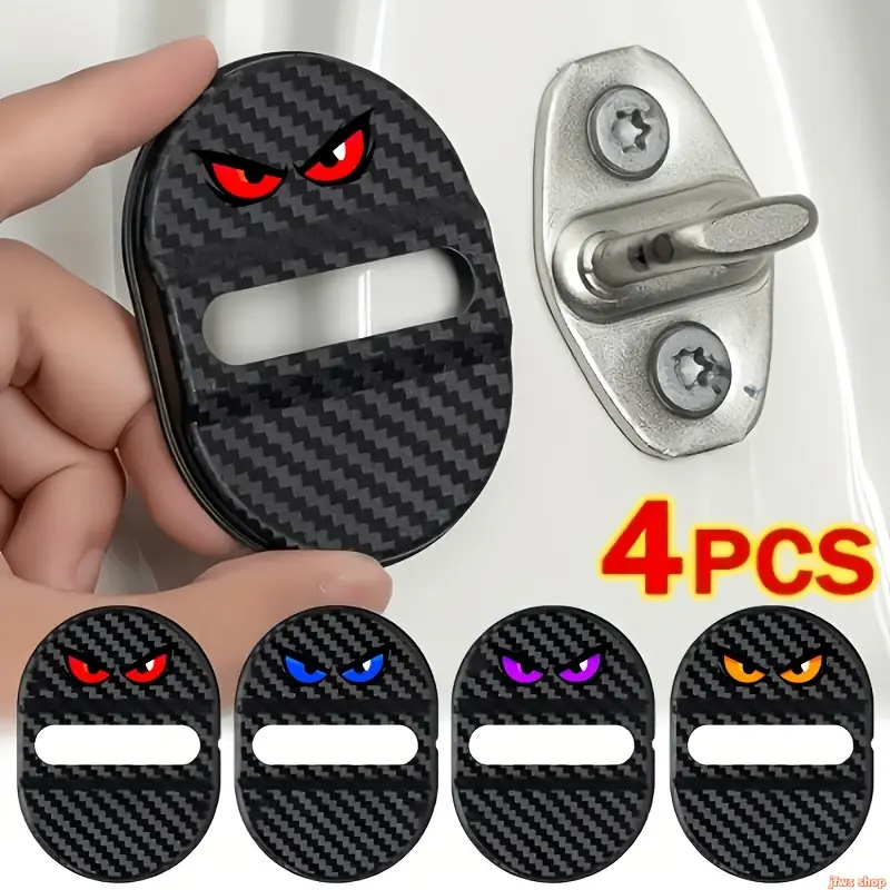 4-Pieces Universal Car Demon Eye Door Lock Covers, Carbon Fiber Design Door Latch Pads, Anti-Rust Automotive Accessory with Noise Reduction Buffering, Cool Aesthetic Car Accessory