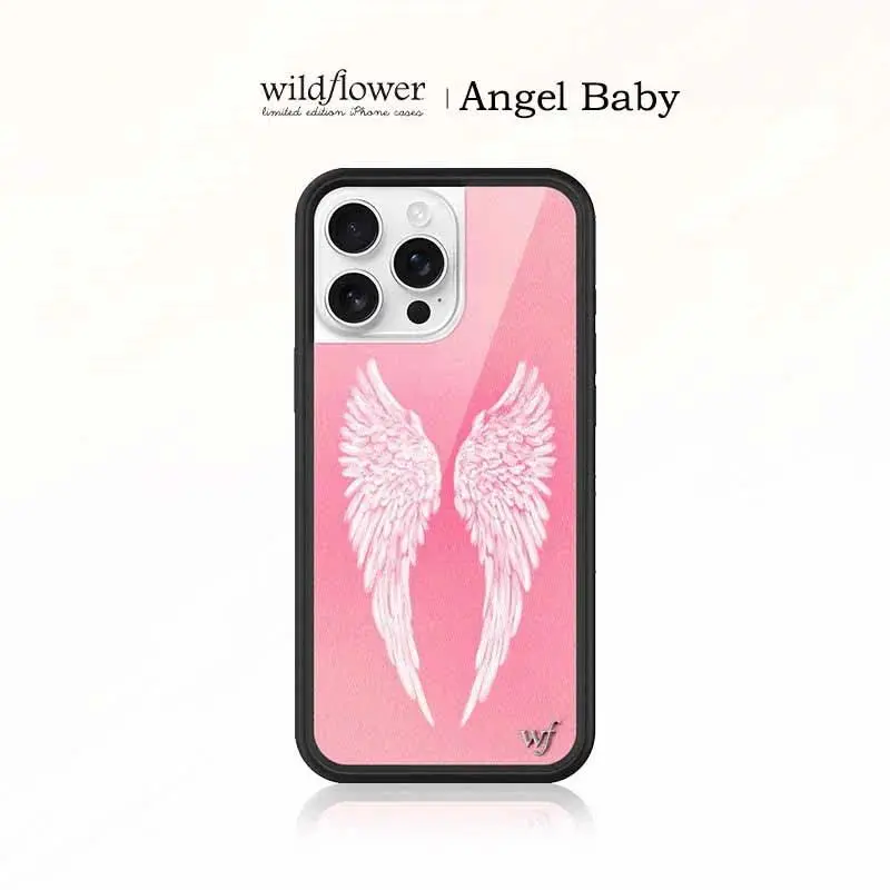 Wildflower INS Angel Baby Wings Cartoon for 17 16 15 14 13 12 Pro Max Plus WF Lucky Girl Back Cover lightweight transparent acrylic large hole 360-degree rotating stand funda bloque colores musical glossy 2-in-1  clear plain pattern fold music note girly