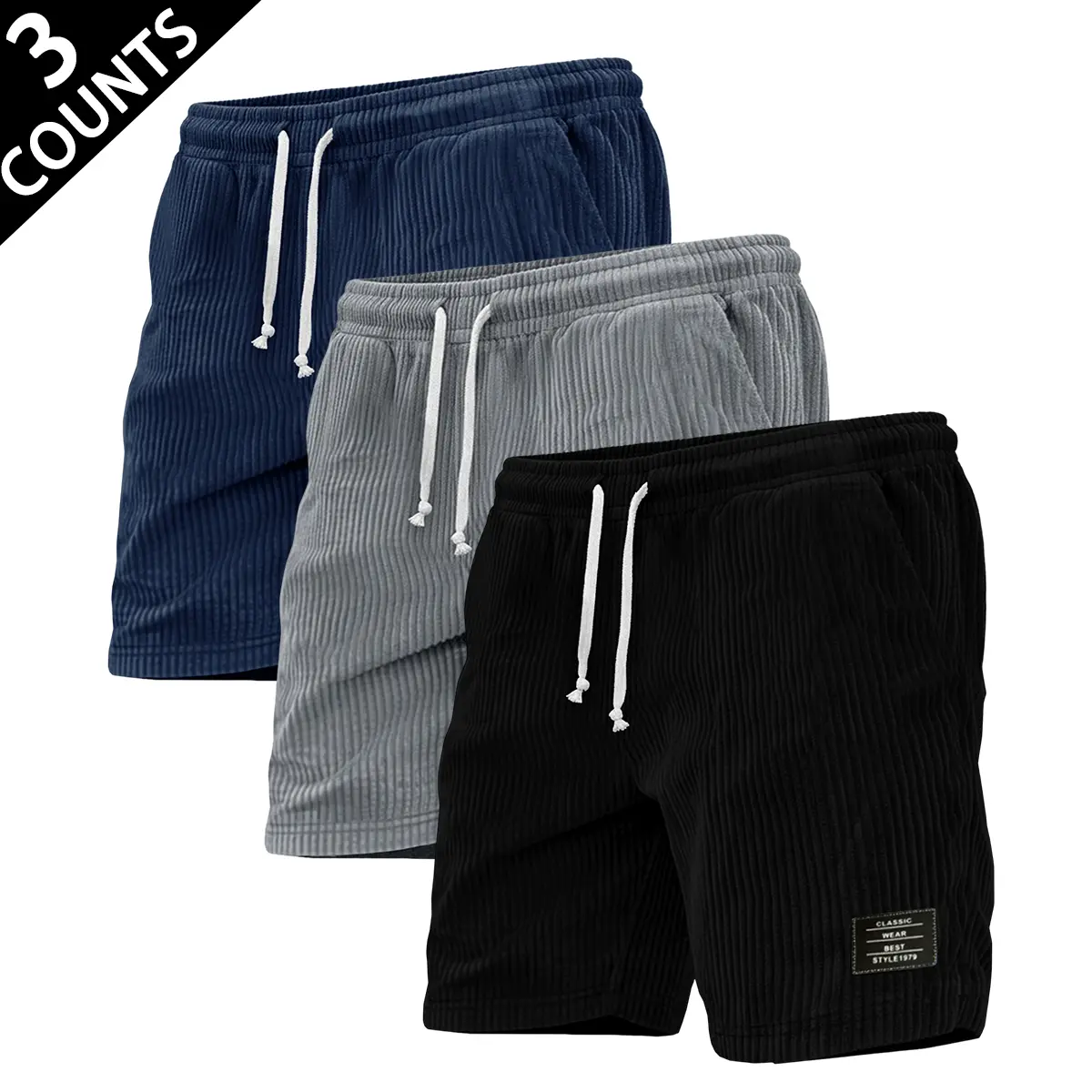 Men's 3-Pack Basic Mid-Waist Vertical Striped Athletic Shorts, Lightweight Polyester, Drawstring, Elastic Waist, Side Pockets, Machine Washable for Male Gym Running
