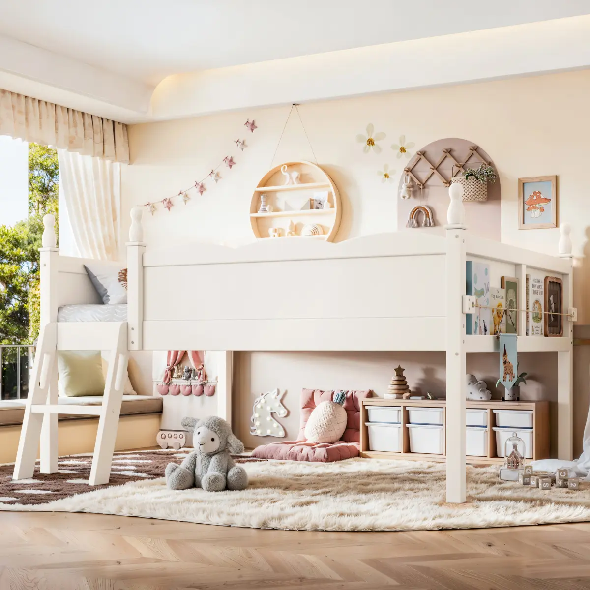 Full Size Loft Bed with Full-Length Guardrails, Solid Wood Low Loft Bed with Ladders and Beside Book Shelf, Chic Shape and Low Profile Design,Beige