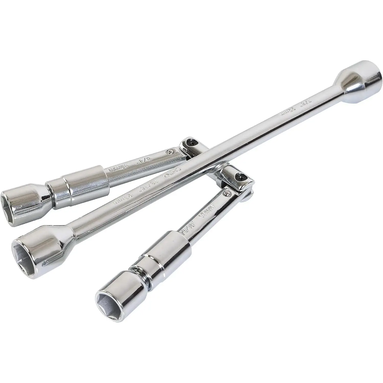 14 Inch Universal Folding Cross Lug Wrench 4-Way Tire Iron, SAE + Metric Foldable Wheel Wrench for Vehicles, Chrome-Plated, Sockets 17/19mm & 21/23mm for Tire Maintenance