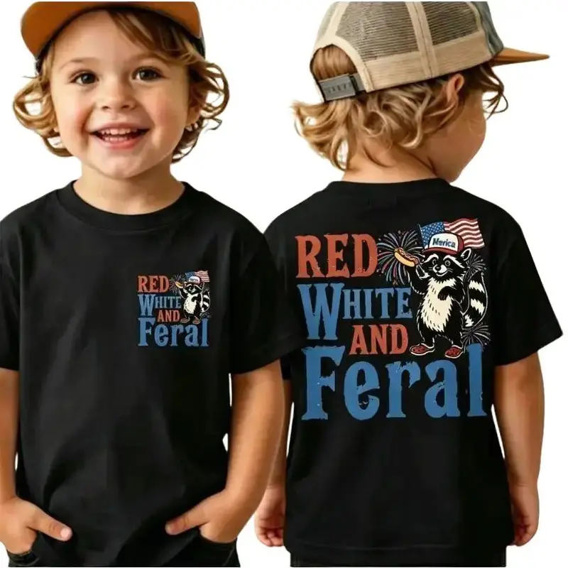 Red White and Feral T-Shirt, Patriotic Raccoon Toddler Tee, 4th of July Front Back Print Shirt for Boys, Cute Independence Day Top