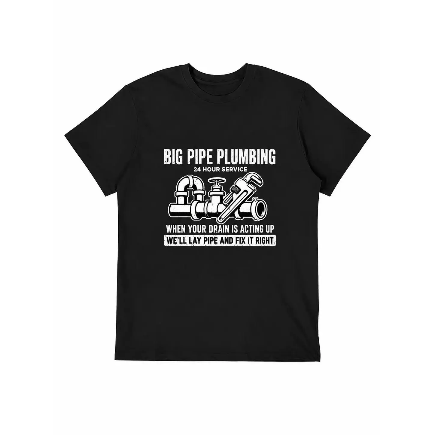 Big Pipe Plumbing Shirt, Funny Plumber Graphic T-Shirt, Drain Service Joke Tee, Blue Collar Humor Black Cotton Top