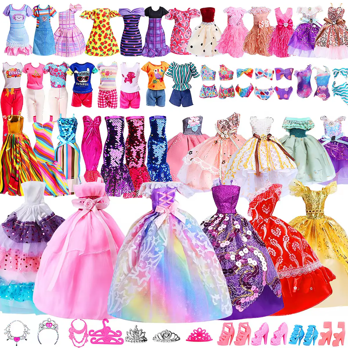 138 Pcs Doll Clothes and Accessories, 5 Wedding Gowns 9 Fashion Dresses 3 Tops 3 Pants 3 Bikini Swimsuits 20 Shoes for 11.5 inch Doll Christmas Stocking Stuffers Girls Gift Age 5-7 8-10