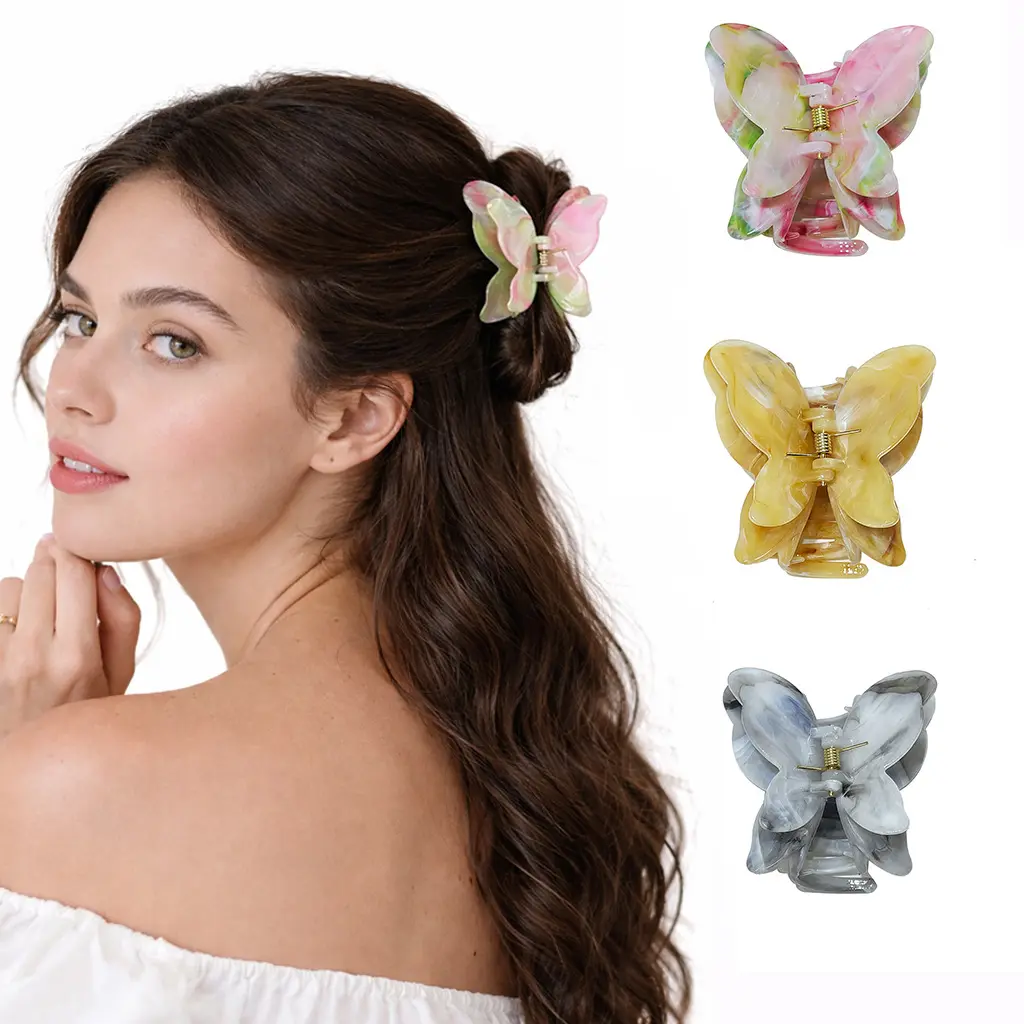 3PCS Marble Swirl Acrylic Butterfly Hair Claw Clips Large Double Layer Butterfly Jaw Clips Non Slip Strong Hold Hair Grab Clips for Women Thick Thin Hair Daily Styling