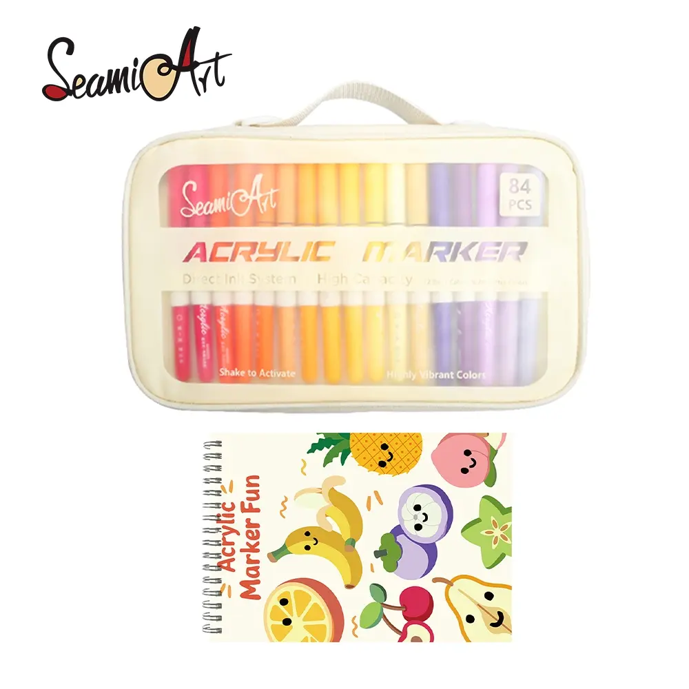 SeamiArt 84-Color Acrylic Marker Set - Direct Ink System, High Capacity, with Coloring Book & Carry Bag, Back to School Office Stationery, Art Supplies Gift Idea